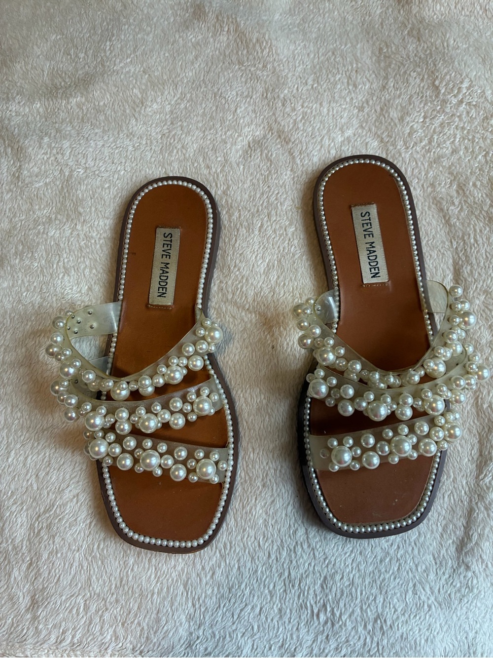 Steve Madden Pearl-Embellished White Strap Slide Sandals